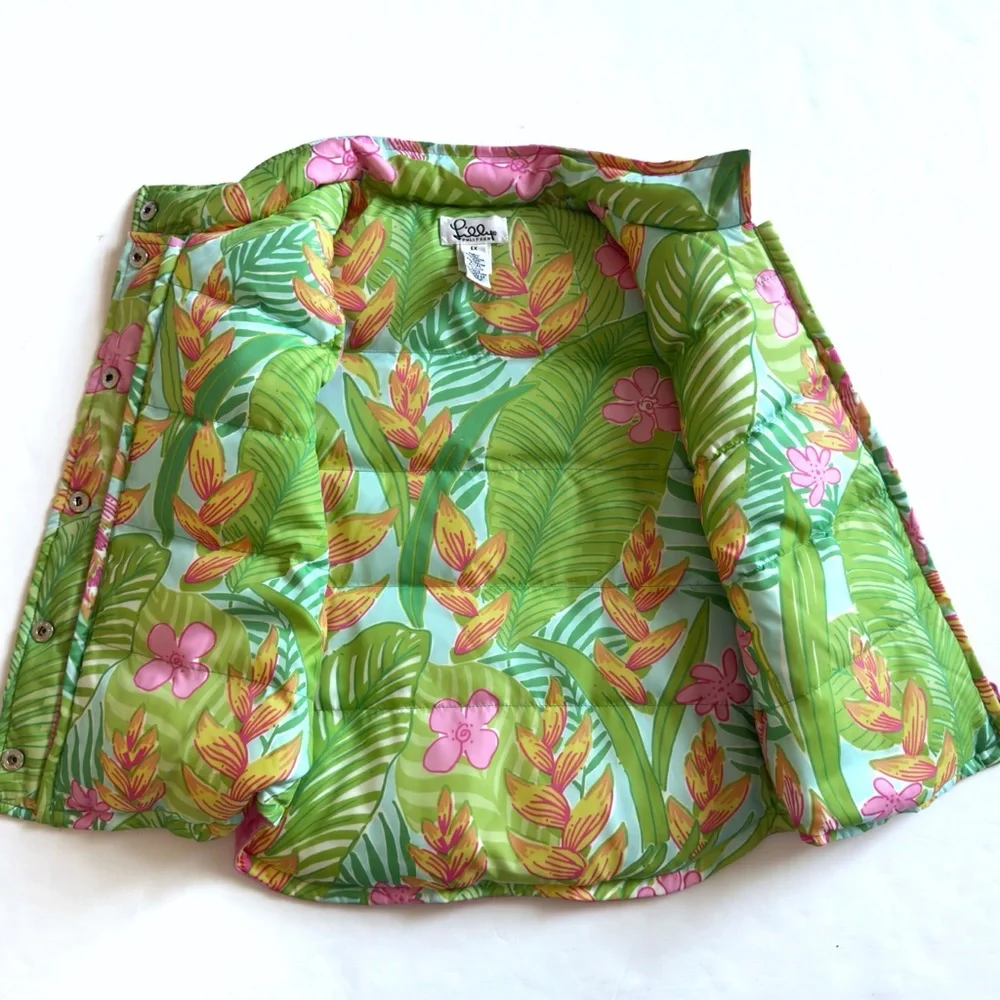 Lilly Pulitzer Floral Reversible Down Puffer Vest Girls 6X Pink Tropical Preppy